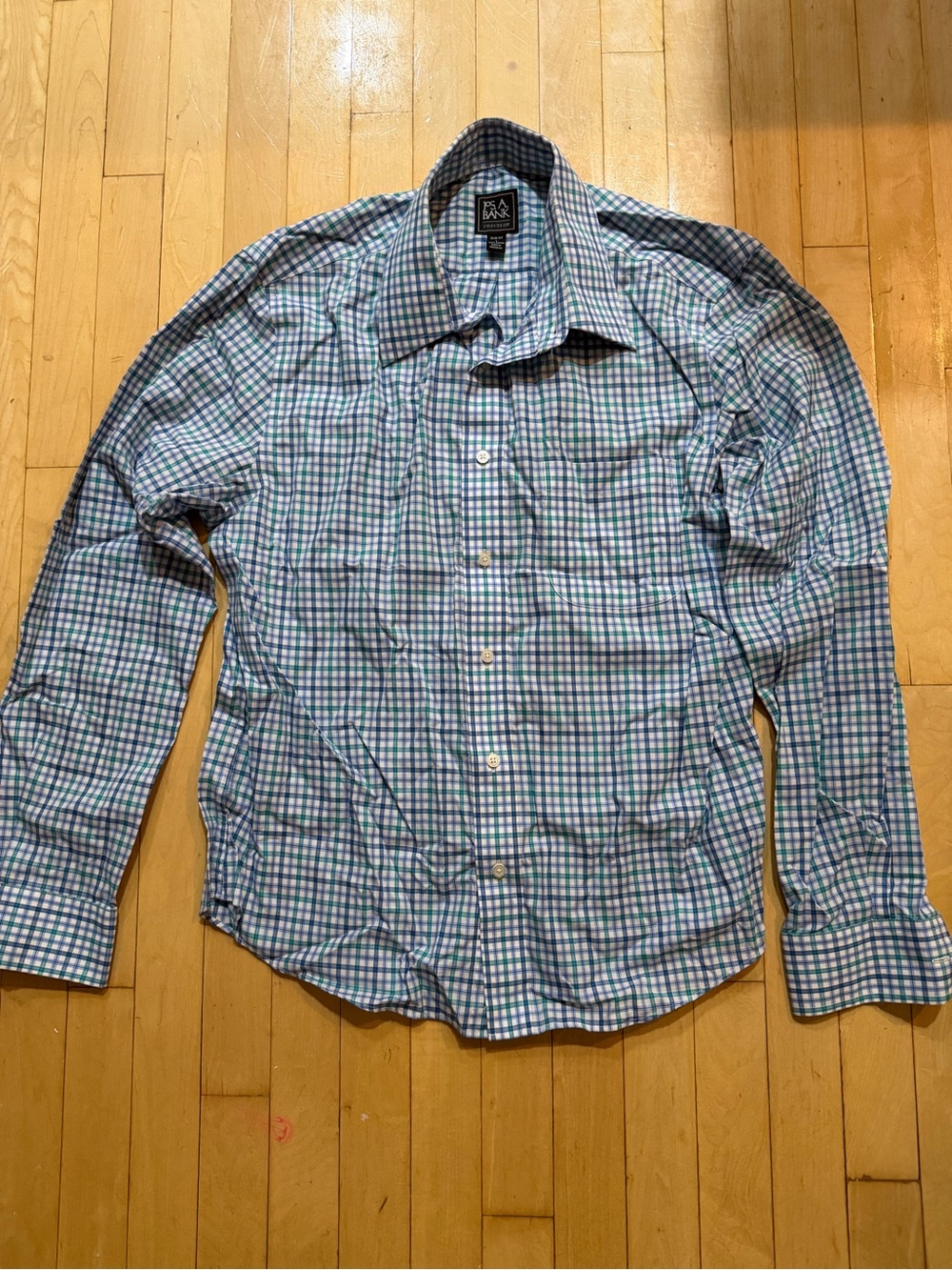 Jos. A. Bank Green & Blue Checked Dress Shirt Slim Fit